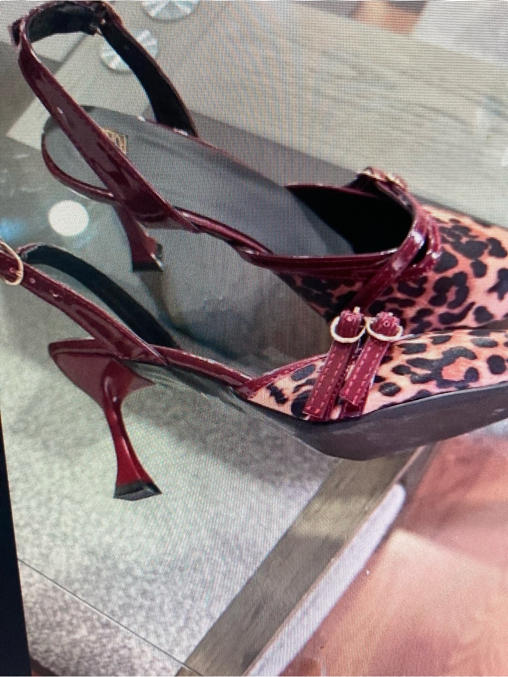 Patent Burgundy Slingback Heels with Leopard Print Accent